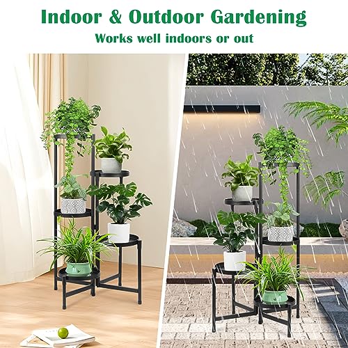 5 Tier Metal Plant Stand for Indoor Outdoor, Black | Foldable, Toolless Assembly, Flexibly Adjustable, Waterproof, Antislip