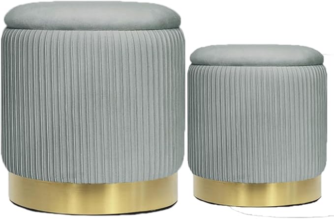 Round Ottoman Storage Set of 2 Velvet Ottoman for Living Room Small Foot Stool Small Coffee Table Vanity Stool with Storage for Bedroom Bedroom (Light Gray)