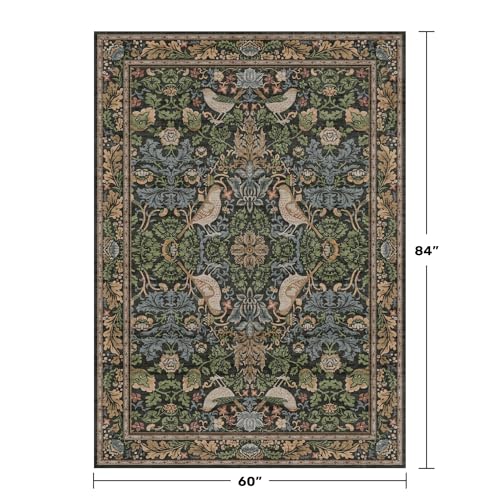 Hazo Haus Vintage Floral Area Rug 5x7 for Living Room - Dark Green Forest Bird Rugs for Bedroom, Dining Room, Office, Non Slip Stain Resistant Low Pile - color: Dark Green / Brown, size: 5' x 7' (Rectangular)