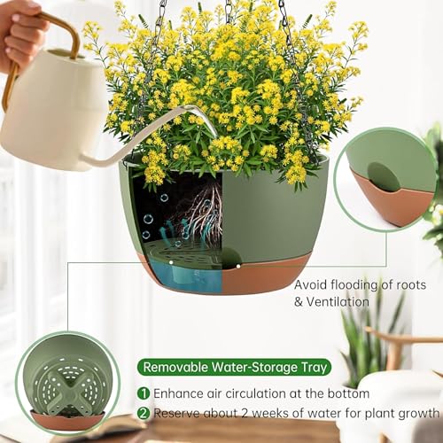 Set of 2 Hanging Planters for Indoor Outdoor Plants, 10 Inch Self-Watering Hanging Flower Pots with Drainage Hole & Removable Water-Storage Tray (Hooks) - color: Green, size: 10 Inch (M)