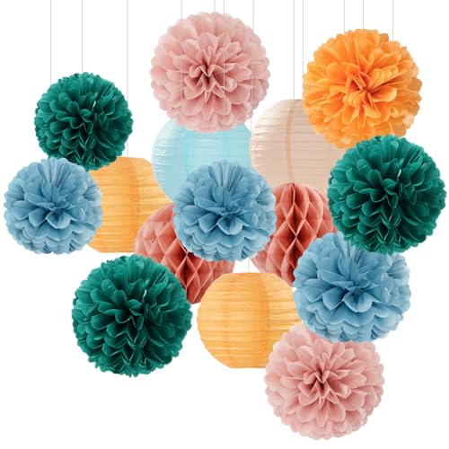 Dusty-Blue Orange Teal Party-Decorations Paper-Flowers - 15pcs Fall Rose Gold Blush Pink Birthday Baby Bridal Shower Tissue Pom Poms Lanterns Streamers,Wedding Bachelorette Hanging Supplies Hugfond - color: Blue Green Orange
