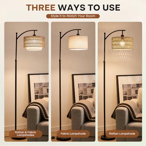 Boho Rattan Lamp Shade, 12.6" Top x 12.6" Bottom x 7.68" High, Natural Rattan & Linen Double Layer Lamp Shades for Floor Lamps Table Lamps Chandelier, UNO Fitter Lampshade Replacement, Easy Assembly