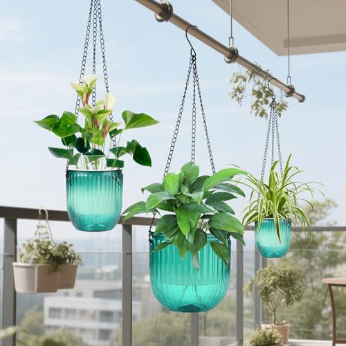 4 Pack Self Watering Hanging Planters with Drainage Holes –Hanging planters for Indoor Plants, Flowers, Succulents – Lightweight, Durable Hanging Baskets Green - color: Emerald Green