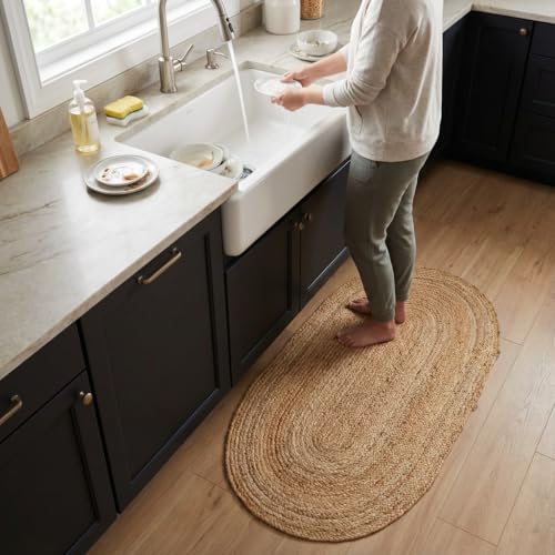 Boho Oval Jute Rug - Reversible Natural Fiber Hearth Carpet- Eco Friendly Floor Covering for Kitchen - Doorway Hand Woven, Natural,2' x 3' - color: Natural, size: 2' x 3' (Oval)