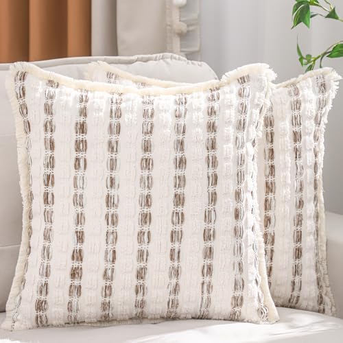LUOYEHK Chenille Striped Throw Pillow Covers 18x18 Inch Set of 2 Boho Khaki Decorative Pillowcases with Fringe Farmhouse Neutral Cushion Covers for Couch Sofa Bed Living Room - color: Khaki, size: 18" x 18" (Pack of 2)