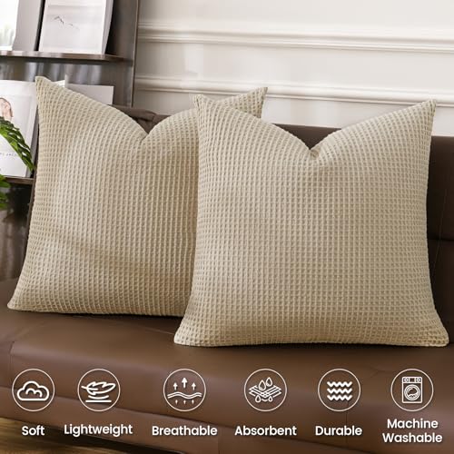 PHF 100% Cotton Waffle Weave Throw Pillow Cover, 24" x 24", No Filling, 2 Pack Elegant Home Decorative Square Throw Pillow Covers for Bed Couch Sofa, Khaki - color: Khaki, size: 24" X 24" (Pack of 2)