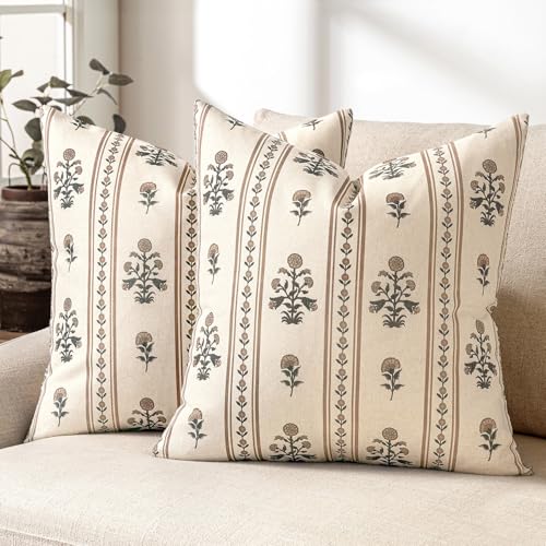 Decorative Vintage Striped Floral Throw Pillow Covers 18x18 Inch Set of 2 Brown Farmhouse Boho Botanical Print Cushion Covers for Sofa Couch Chair Bedroom Living Room Summer Home Decor - color: Brown, size: 18" x 18" (Pack of 2)