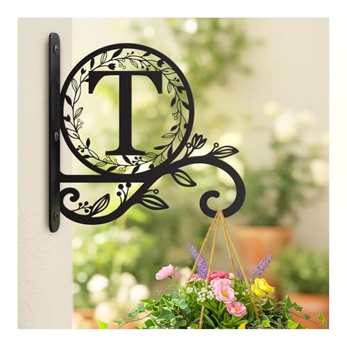 Metal Initial Letter T Plant Hanger Bracket, Decorative Wall Mount Hanging Plant Hook, Monogram Floral Leaf Garden Decor for Hanging Baskets, Bird Feeders, Lanterns, Wind Chimes - style: T