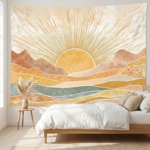 Lifeel Boho Sun Mountain Tapestry, Vintage Minimalist Sunset Geometric Bohemian Abstract Art Tapestries for Bedroom Living Room, 36x48 inches - color: Yellow, size: 48"L x 36"W