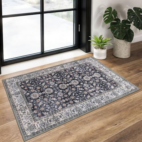 KUTA Vintage Floral Entryway Rug 2x3, Kitchen Area Rugs Non-Slip Washable Throw Rug, Grey Black Beige Ultra Thin Soft Print Front Door Mat Indoor Doormat for Entrance, Bedside, or Small Spaces - color: Grey Black Beige, size: 2' x 3' (Rectangular)
