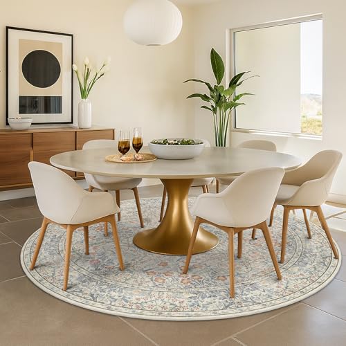 Hazo Haus Classic 7ft Round Beige Blue Rugs for Living Room - Washable Non Slip Floral Area Rugs for Bedroom, Dining Under Table, Kids Room, Home Office, Vintage Indoor Décor - color: Beige Blue, size: 7' (Round)