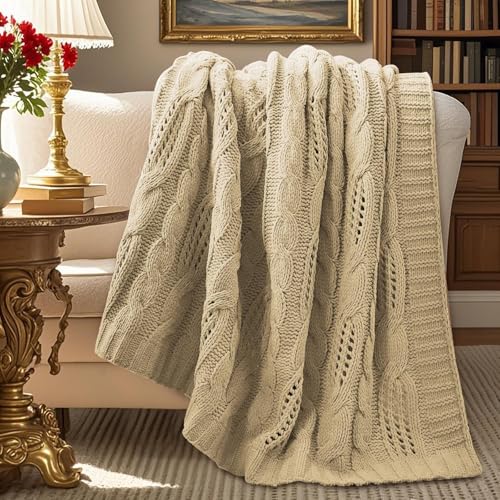 Amélie Home Chunky Knit Throw Blanket, Dual-Sided Soft Chenille Breathable Cable Knitted Blanket for Couch, Farmhouse Decorative Throw for Sofa & Chair, 60"x80", Beige - color: Beige, size: Cable Knit 60"x80"
