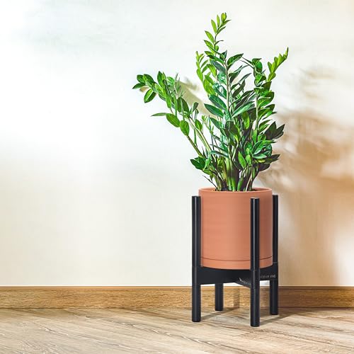 D'vine Dev Terracotta Planter with Ebony Stand - 8 Inch Modern Round Flower Pot with Wood Planter Holder, Terracotta, 55-B-M-5 - color: Terracotta Pot + Ebony Stand, size: 8 Inch