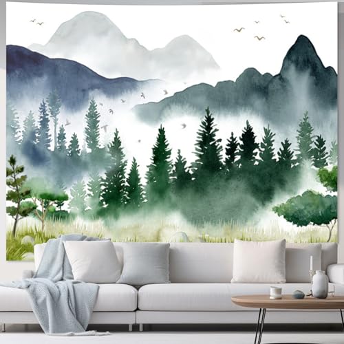 Apdidl Forest Mountain Wall Tapestry for Bedroom, Nature Foggy Mountain Scenery Tapestries, Green Misty Tree Landscape Watercolor Backdrop Tapestries Wall Hanging for Living Room (51" X 60") - color: Green Forest Tapestry, size: 60"L x 51"W