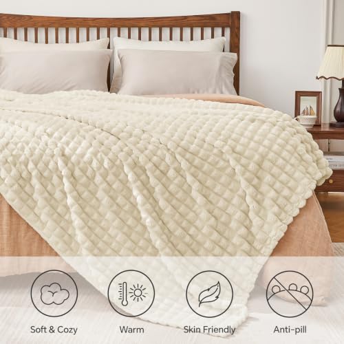 BEDELITE Beige Throw Blanket for Couch - Super Soft Lightweight 3D Checkered Fluffy Fuzzy Fleece Blanket, Luxurious Plush Cozy Summer Blanket for Homg Room Decor, Gift for Women, 50"x60" - color: Beige, size: Throw(50"x60")