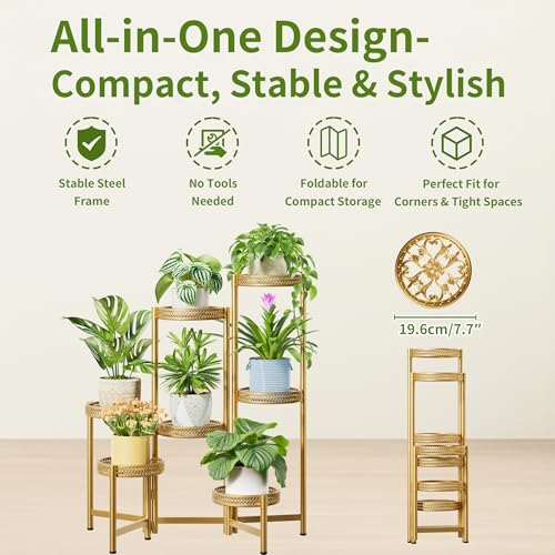 7 Tiered Metal Corner Plant Stand Indoor Outdoor, Tall Large Folding Rack with Rust Proof 10 Inch Wide Tray, Heavy Duty Flower Shelf for Multiple Plants for Patio - GoldWave - color: GoldWave, size: 7-tiers
