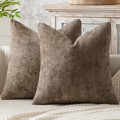 MIULEE Pack of 2 Couch Throw Pillow Covers 18x18 Inch Brown Boho Accent Decorative Pillow Covers Soft Chenille Farmhouse Cushion Covers for Home Decor Bed Sofa Living Room - color: Brown, size: 18" x 18" (Pack of 2)