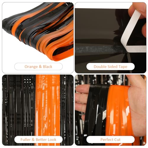 PIGETALE 2 Pack Black and Orange Tinsel Foil Fringe Curtain, 3.2Ftx8.2Ft Halloween Backdrop Curtains Photo Booth Props Streamers Christmas Birthday Party Anniversary Wedding Retirement Decorations - color: Orange and Black