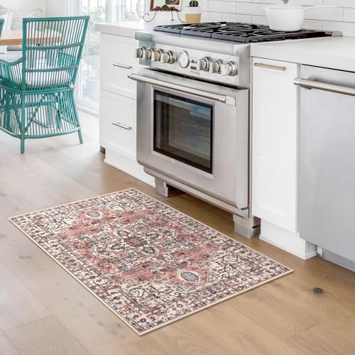 KOZYFLY Small Area Rug 2x3 Ft Rugs for Entryway Washable Boho Entry Rug Non Slip Door Mat Indoor Entrance Faux Wool Vintage Printed Kitchen Rug Throw Rugs for Entrance Kitchen, Red Salmon/Pink/Navy - color: Red Salmon/Pink/Navy, size: 2' x 3' (Rectangular