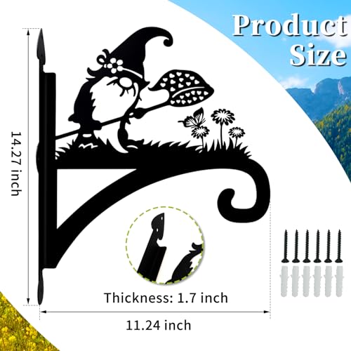 Plant Hangers Outdoor Heavy Duty Iron Decorative Gnome Silhouette Pot Hangers for Plants 11 inch Hanging Plant Bracket Wall Plant Hanger for Bird Feeder Flower Pot Lantern Wind Chimes - color: Gnome & Butterfly