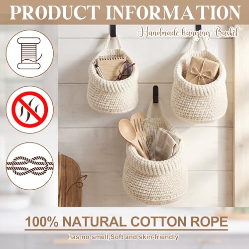 Honeydak Boho Decor Hanging Wall Baskets for Kitchen 3 Pack Teardrop Baskets with Hooks Storage Fruit Onion Vegetable Potato for Home 3 Sizes(White,Barrel,Cotton Rope) - color: White, size: Cotton Rope, style: Barrel