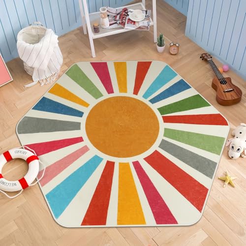 STARUIA Rainbow Machine Washable Rug for Playroom Kids Room, 4'x 4'7" Boho Sun for Girls Boys, Non-Slip Sunshine Carpet Small Play for Classroom Reading Corner Dorm - color: Colorful, size: 4'x4'7"