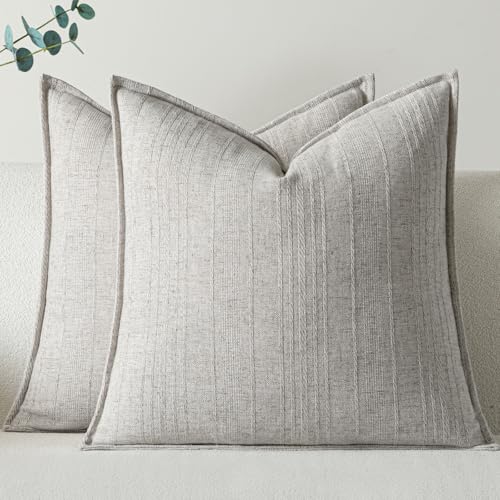 a moment Linen Pillow Covers Set of 2,Boho Farmhouse Throw Pillowcases Neutral Textured Decorative Covers for Couch Sofa Bed, Soft Linen Blend Accent Case Cushion Home Decor 20"x20" Beige Grey - color: Beige Grey, size: 20" x 20" (Pack of 2)