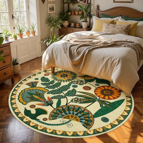 Joydeco Egypt Floral Boho Round Rugs 6FT, Washable Circle Area Rug for Bedroom Living Room Playroom, Vintage Beige Non Slip Circular Throw Carpet for Nursery Dorm Classroom Dining Room - color: Beige, size: 6' (Round)