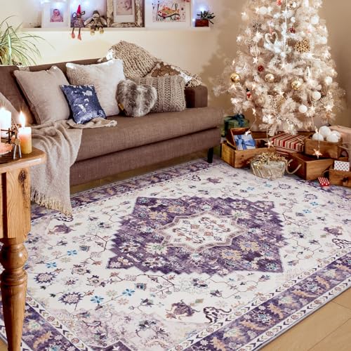 Amearea Vintage Design Area Rugs for Living Room, 4x6 Machine Washable Floral Collection Traditional Bedroom Rug, Low Pile Cute Kids Room Print Carpet, No Slip Office Kitchen Home Decor, Purple - color: Purple, size: 4' X 6' (Rectangular)