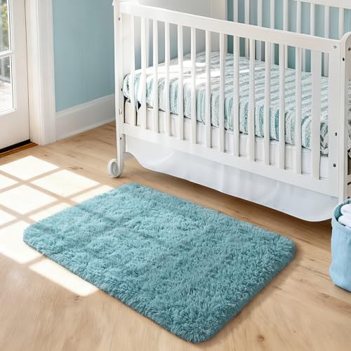 Merelax Modern Soft Fluffy Small Shaggy Rug for Bedroom Livingroom Dorm Kids Room Indoor Home Decorative, Non-Slip Plush Furry Fur Area Rugs Comfy Nursery Accent Floor Carpet 2x3 Feet, Turquoise Green - color: Turquoise Green, size: 2' x 3' (Rectangular)