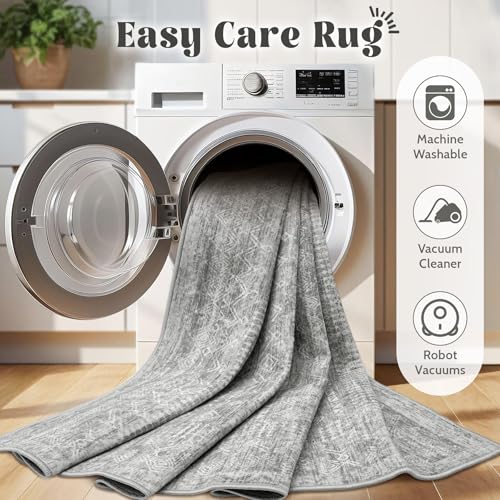 2x8 Washable Runner Rug: Moroccan Geometric Boho Rug Farmhouse Non Slip Stain Resistant Rugs Low Pile Soft Carpet for Porch Kitchen Laundry Room Living Room Bedroom (Grey,2'x8') - color: Grey, size: 2' x 8' (Rectangular)