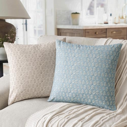 Foindtower Set of 2 Decorative Neutral Floral Print Throw Pillow Covers Vintage Accent Farmhouse Cushion Covers Boho Home Decor for Sofa Chair Couch Bedroom Living Room Outdoor,18×18 Inch,Sky Blue - color: Sky Blue, size: 18" x 18" (Pack of 2)