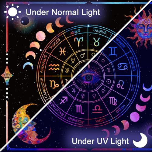 CRAFTYMELODY Constellation Blacklight Tapestry Glow in the Dark Tapestry UV Reactive Sun Moon Eye Wall Hanging 59×51 Inch with Hook Self Adhesive Sticker Clip for Bedroom Home Wall Decoration - color: Constellation
