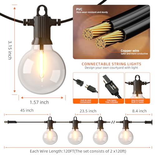 Kawaya 240FT Outdoor Lights String LED Patio Light Waterproof Dimmable G40 Globe String Lighting for Outside with 120+4 Blubs Shatterproof Hanging Lights for Porch Bistro Backyard Gazebo Balcony Cafe - size: 2×120FT