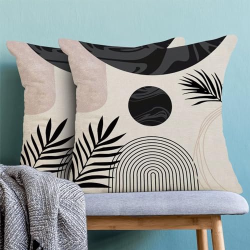Boho Mid Century Pillow Covers 18x18 Set of 2, Black and White Throw Pillowcase Boho Leaves Abstract Geometric Aesthetic Outdoor Farmhouse Cushion Cover for Sofa Couch Bed Living Room Decor - color: Boho22, size: 18" x 18" (Pack of 2)