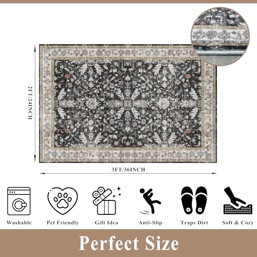 2x3 Rug Non-Slip Washable for Kitchen – Boho Small Throw Rug for Sink & Entryway, Soft Low Pile Thin Indoor Mat for Pet Area & Bathroom (Black, 2x3) - color: Black, size: 2' x 3' (Rectangular)