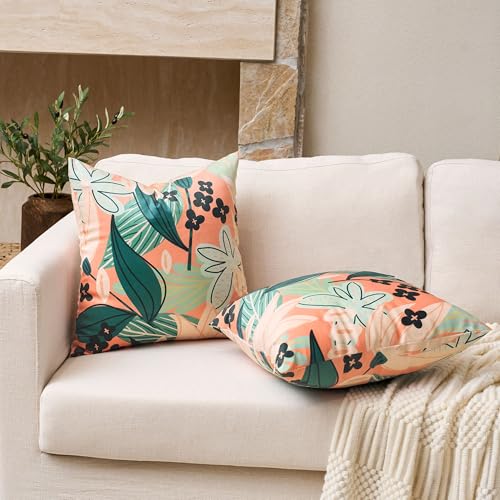 Tyrot Boho Floral Velvet Throw Pillow Covers 16x16 Inch Set of 2 Farmhouse Cushion Covers Mid Century Modern Botanical Home Decor Accent Pillow Cases for Couch Bed Sofa Living Room, Bedroom, Coral - color: Coral Breeze, size: 16" x 16" (Pack of 2)