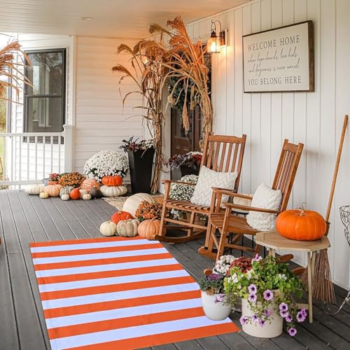 CAINANEL Fall Outdoor Rug Orange and White Striepd Rug 3' x 5' Front Door Mat Halloween Thanksgiving Fall Autumn Home Decor, Layerd Welcome Doormat for Front Porch Decor, Front Door, Farmhouse Decor - color: Orange and White, size: 3' x 5' (Rectangular)