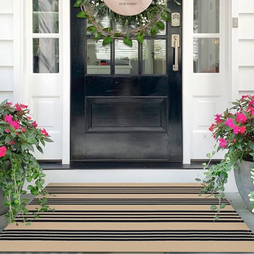IOHOUZE Black and Tan Striped Rug 2.3'x3.6' Front Door Rugs Outdoor, Small Washable Area Rug for Front Porch, Spring Summer Welcome Mats Outdoor Indoor, Doormat for Entryway Porch Entrance - color: Black and Tan Stripe, size: 2'4" x 3'8" (Rectangular)