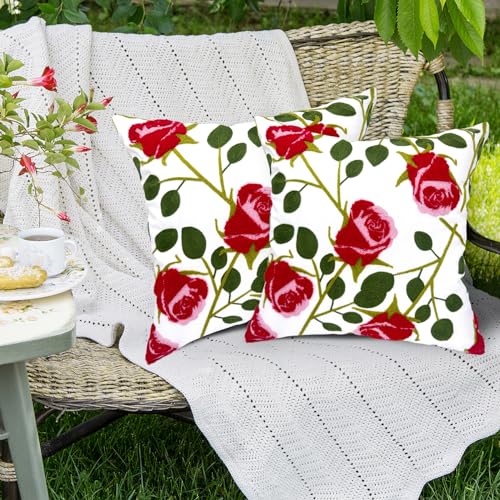 Alysheer Set of 2 Floral Embroidered Decorative Throw Pillow Cover 18" x 18" inches, Farmhouse Cottage Embroidery Red Rose Pattern Cotton Cushion Case for Sofa Couch Bed Living Room Outdoor Decor - color: Rose Red, size: 18" x 18" (Pack of 2)