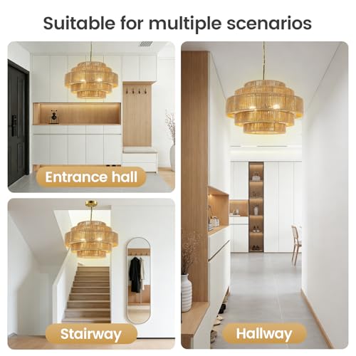 BoostArea 5-Tier Boho Chandelier Light Fixture,20" Hand Woven Pendant Lights Kitchen Island,Large Farmhouse Pendant Light for Kitchen,Dining Room,Hallway, Foyer - color: Gold & Brown