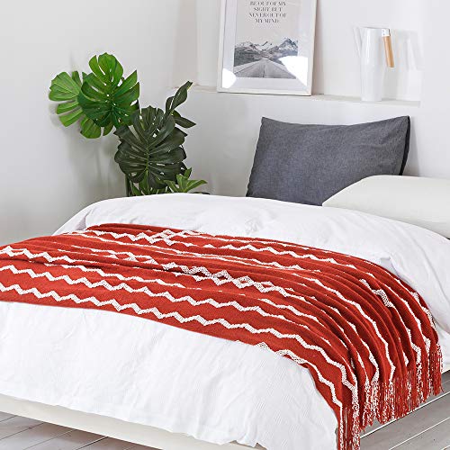 BOURINA Fluffy Chenille Knitted Fringe Throw Blanket Lightweight Soft Cozy for Bed Sofa Chair Throw Blankets, Rust 50" x 60" - color: A-rust, size: 50"×60"
