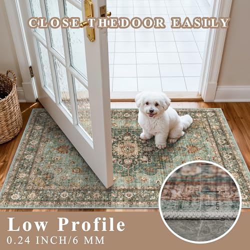 TOPRUUG Washable Entryway 2x5 Rug - Small Throw Runners for Kitchen Bathroom Bedroom Non-Slip Ultra-Thin Indoor Door Mat Indoor Entrance - Stain Resistant Vintage Home Decor (Green, 2X5) - color: Green, size: 2' x 5' (Rectangular)