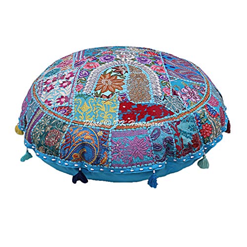 Indian Bohemian Floor Cushion Extra Large Turquoise 40 Inch Patchwork Living Room Pouffe Footstool Home Decor Embroidered Vintage Cotton Round Floor Pillow Bohemian 40x40