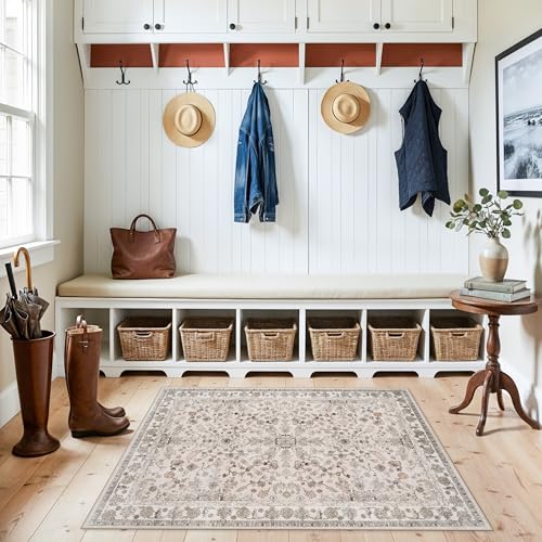 3x4 Entryway Rug Washable Non-Slip–Boho Floral Stain-Resistant Small Area Rug for Kitchen Bedroom Bathroom – Soft Low-Pile Thin Indoor Door Mat (Beige,3x4) - color: Beige, size: 3' x 4' (Rectangular)