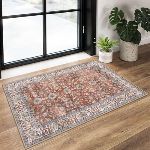 KUTA Vintage Floral Red Clay Entryway Rug 2x3, Kitchen Area Rug Non-Slip Washable Throw Rug, Ultra Thin Soft Print Front Door Mat Indoor Doormat for Entrance, Bedside, or Small Spaces - color: Red Clay, size: 2' x 3' (Rectangular)