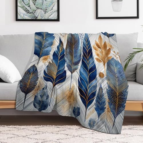 Blanket Luxury Feather Leaf Plant Blue Throw Blanket for Women Men, 60"x80" Golden Foliage Plush Flannel Throws, Decor for Bed Couch Bedroom - color: Luxury Feather Leaf Plant Blue, size: 60"x80"