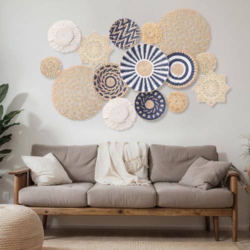 15 Pcs Boho Wall Basket Decor Woven Rattan Seagrass Wall Decor Hanging Rustic Farmhouse Western Art Decoration for Nursery Living Room Bedroom Home Kitchen(Blue Style) - style: Blue Style