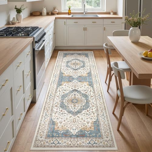 Area Rug for Living Room - 3x8 Soft Washable Oriental Vintage Floral Distressed Large Carpet - Fade Stain Resistant Non Slip Rugs for Bedroom Dining Room Nursery Dorm Office Home Decor - Blue/Beige - color: Blue/Beige, size: 3' x 8' (Runner)