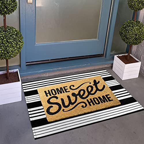 Black and White Striped Outdoor Rug 24'' x 35'' Door Mat Outdoor Machine Washable Welcome Mats Cotton Hand-Woven Entryway Rug for Front Porch/Entryway/Laundry/Bathroom/Bedroom - color: Black Striped, size: 2' x 3' (Rectangular)
